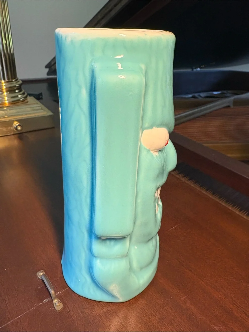 RARE Turquoise Tiki Lin Ceramic Pottery Tiki Mug Totem Face Red Eyes